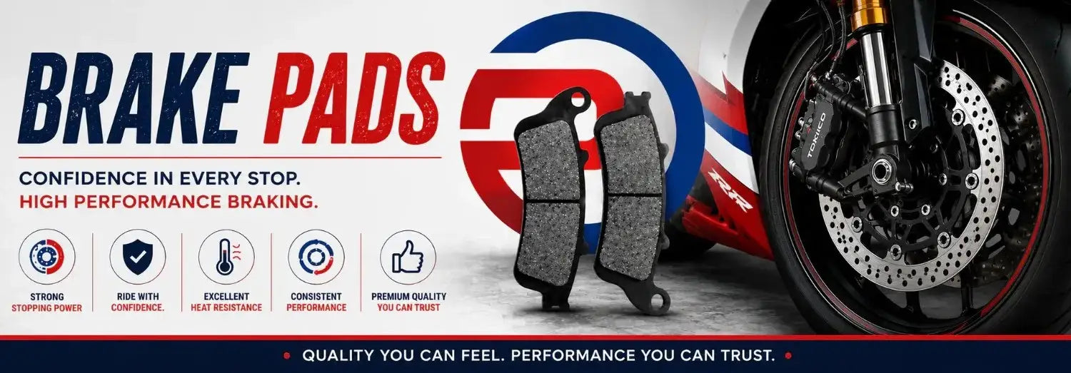 High performance motorcycle brake pads banner with strong stopping power, heat resistance and consistent performance features