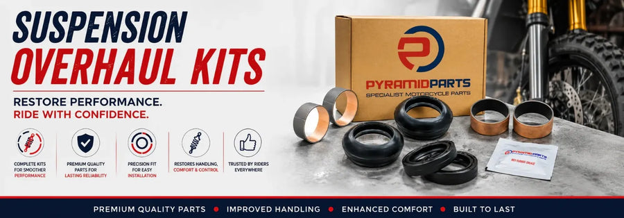 Suspension overhaul kit banner with fork bushes, seals and grease packaging