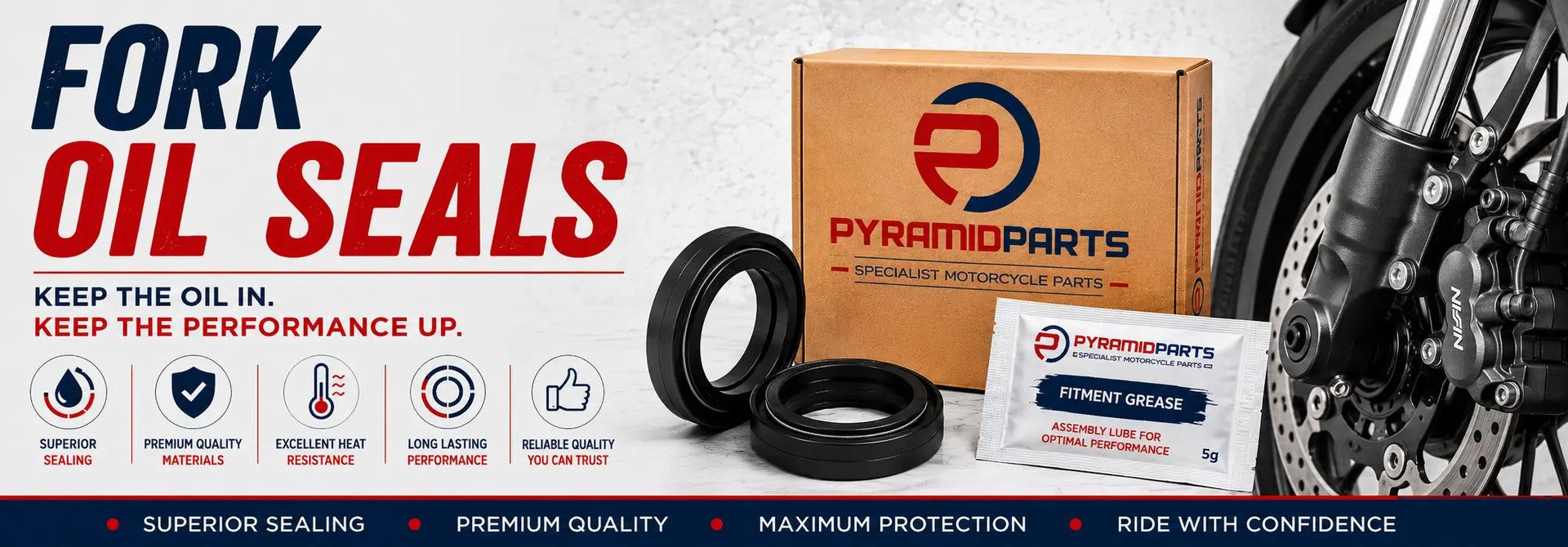 Fork oil seals banner featuring branded box, seals, fitment grease packet and motorcycle front fork wheel assembly